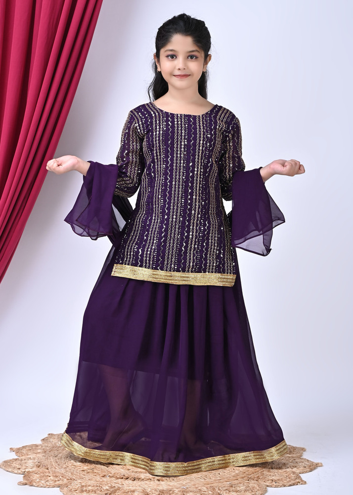 Girls Self Designed Premium Georgette Purple Ethnic Clothing Set