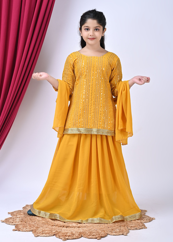 Girls Self Designed Premium Georgette Yellow Ethnic Clothing Set