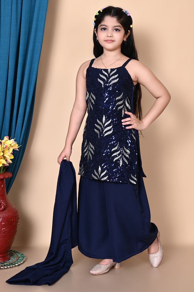 Girls Self Designed Premium Blue Cotton Kurta Set