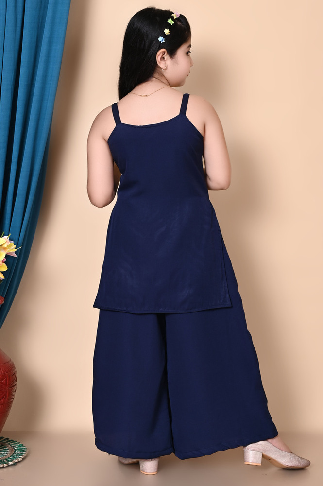 Girls Self Designed Premium Blue Cotton Kurta Set