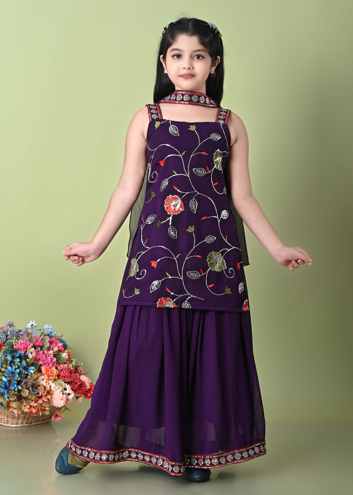 Girls Self Designed Premium Georgette Purple Ethnic Clothing Set