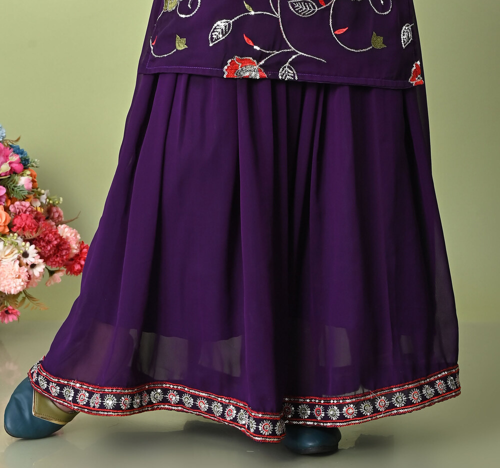 Girls Self Designed Premium Georgette Purple Ethnic Clothing Set