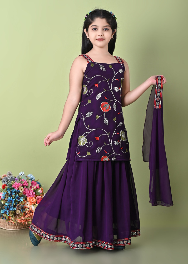 Girls Self Designed Premium Georgette Purple Ethnic Clothing Set