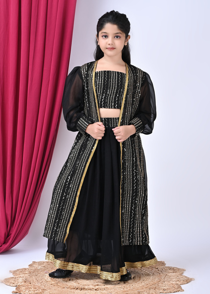 Girls Self Designed Premium Black Georgette Jacket Clothing Set