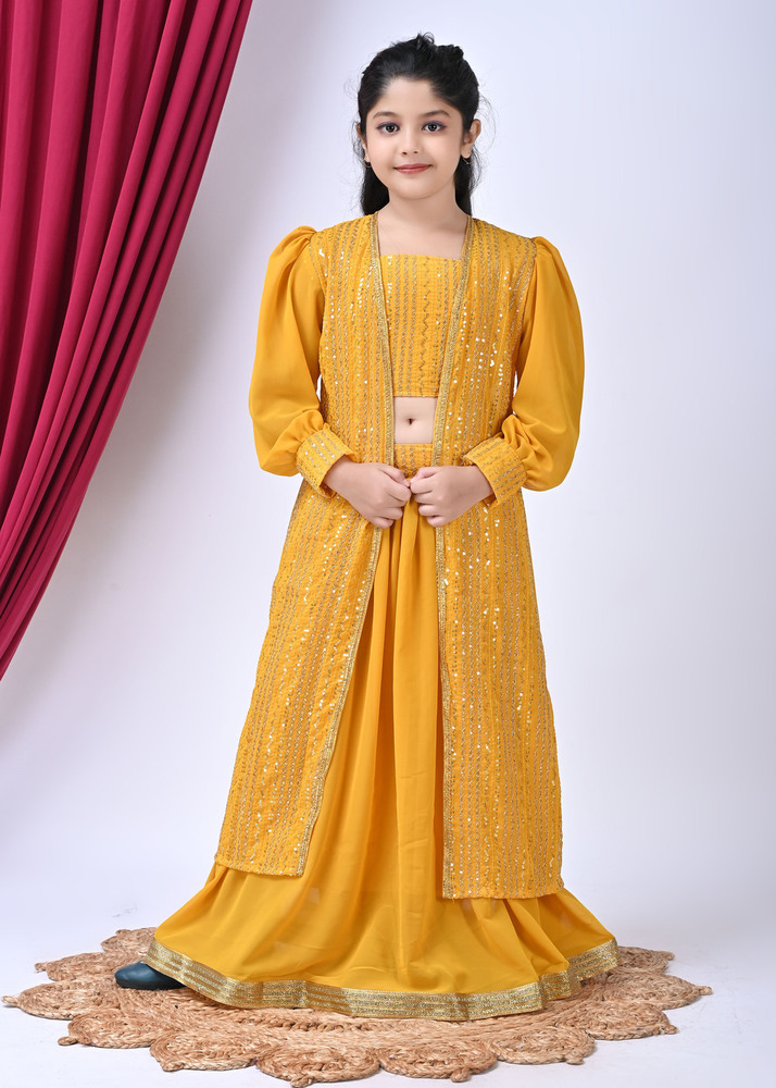 Girls Self Designed Premium Yellow Georgette Jacket Clothing Set - Color: Different Available