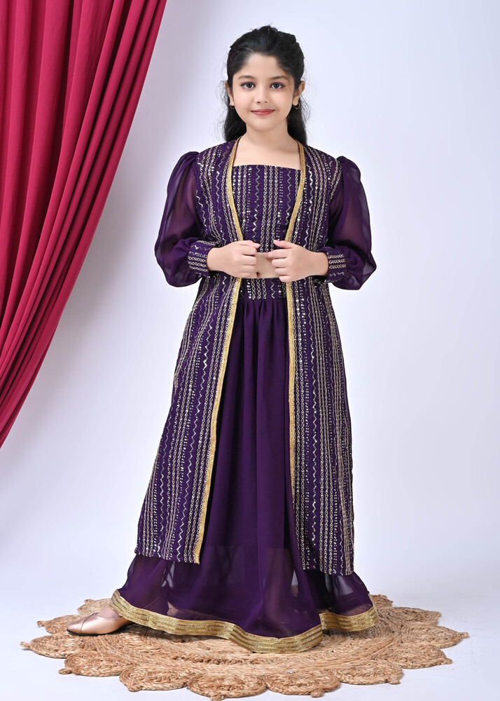 Girls Self Designed Premium Purple Georgette Jacket Clothing Set