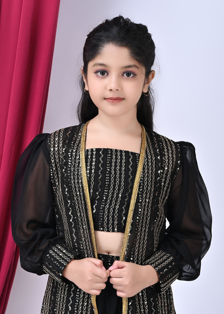 Girls Self Designed Premium Black Georgette Jacket Clothing Set - Color: Different Available
