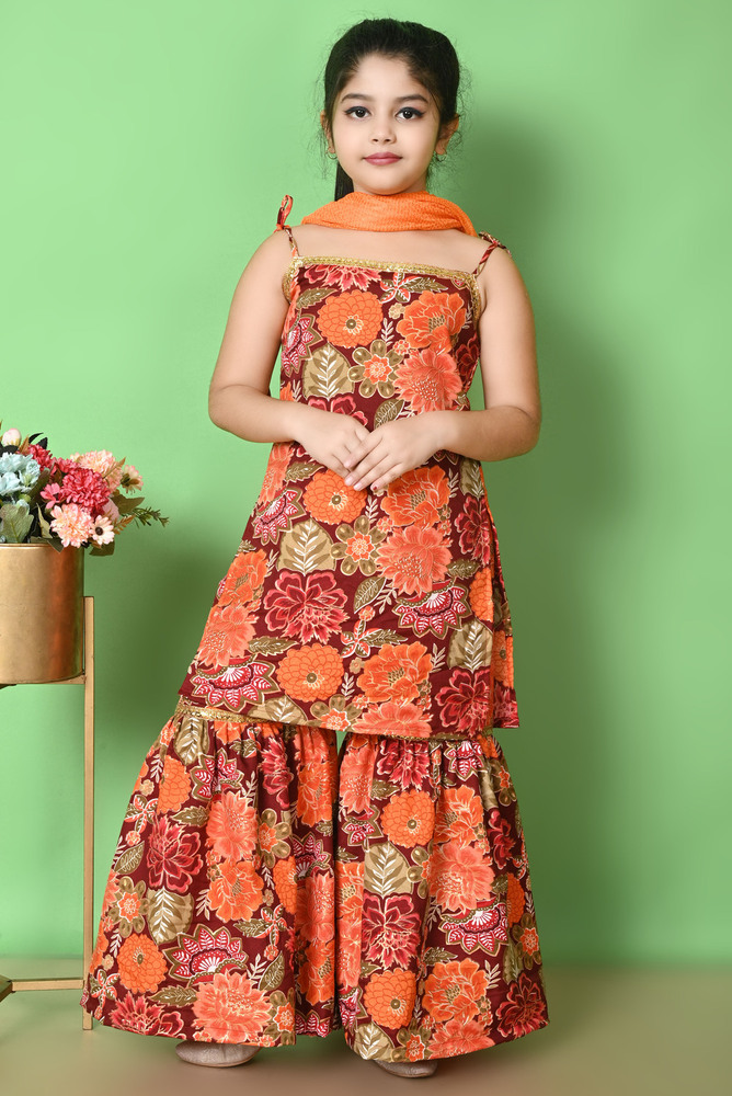 Girls Self Designed Premium Orange Cotton Kurta Set