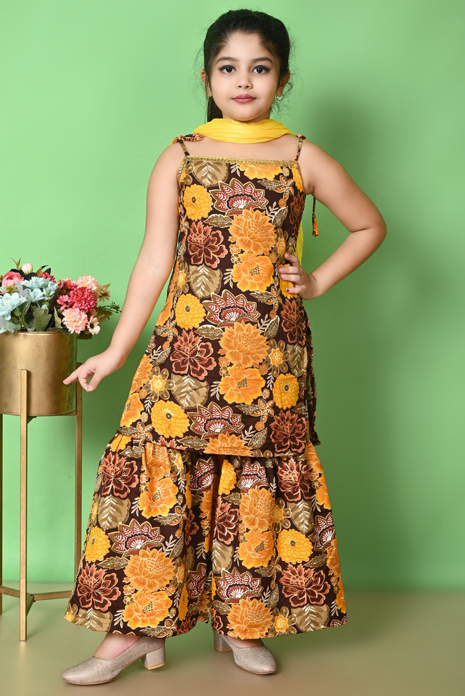 Kids Girls Premium Yellow Cotton Kurta Set