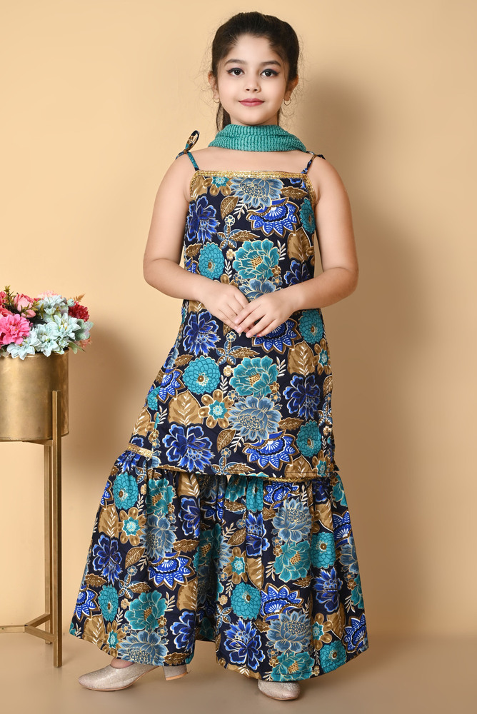 Girls Self Designed Premium Blue Cotton Kurta Set