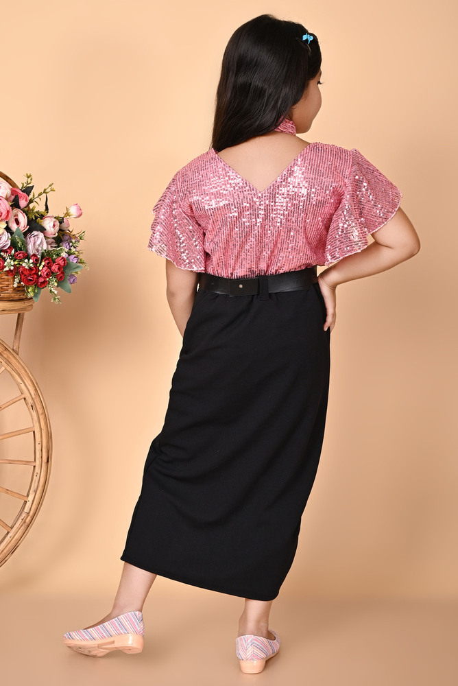 Girls Self Designed Premium Sequined Long Bodycon Pink Dress