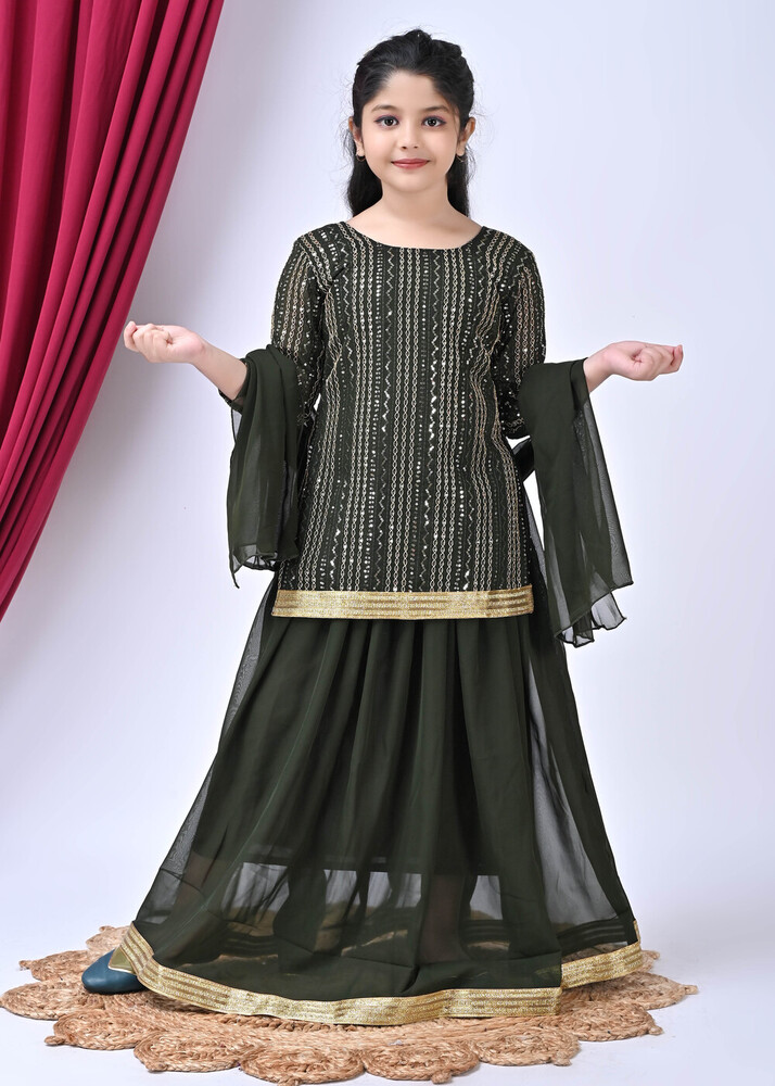 Girls Self Designed Premium Georgette Green Ethnic Clothing Set