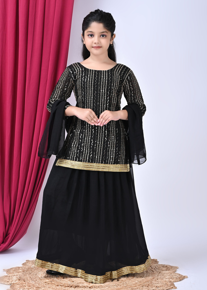 Girls Self Designed Premium Georgette Black Ethnic Clothing Set