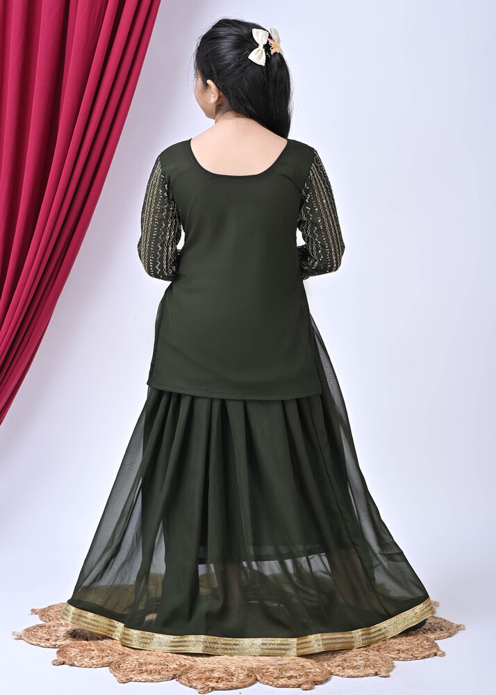 Girls Self Designed Premium Georgette Green Ethnic Clothing Set