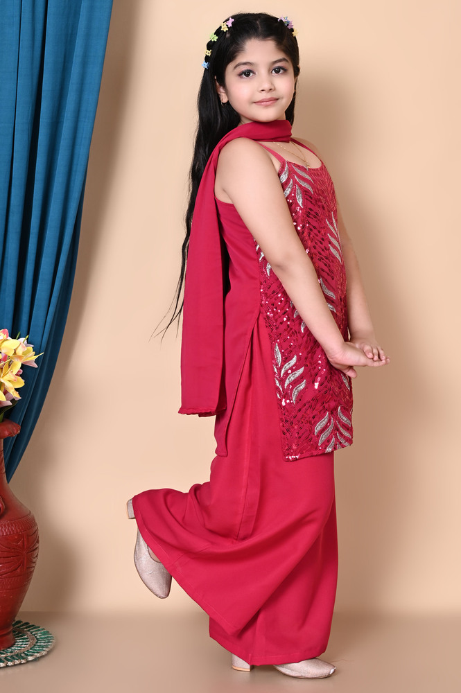 Girls Self Designed Premium Pink Cotton Kurta Set