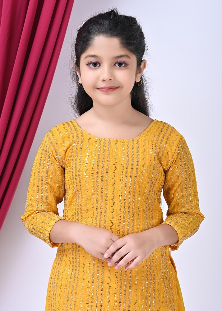 Girls Self Designed Premium Georgette Yellow Ethnic Clothing Set