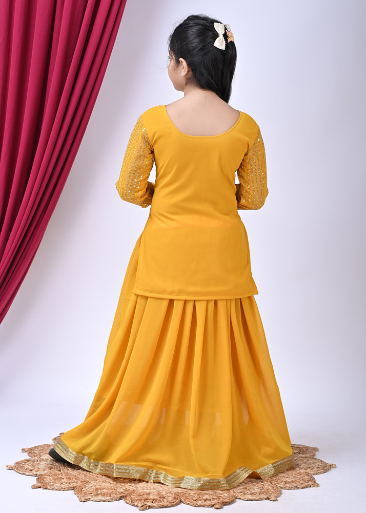 Girls Self Designed Premium Georgette Yellow Ethnic Clothing Set