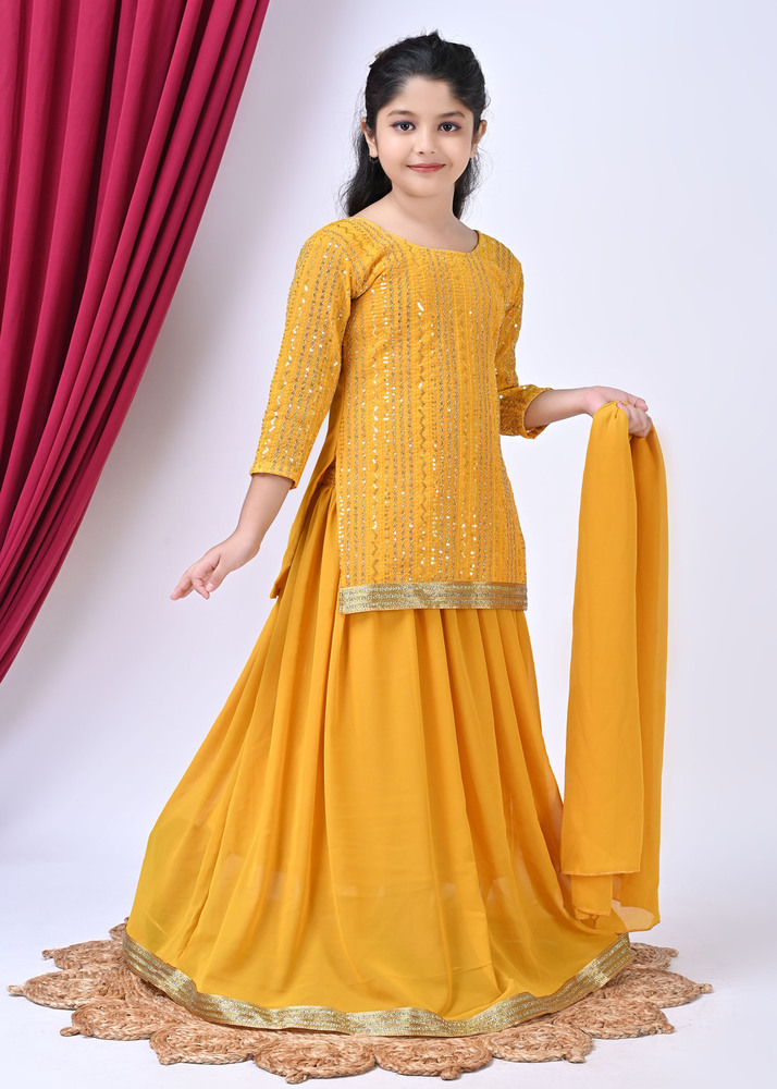 Girls Self Designed Premium Georgette Yellow Ethnic Clothing Set