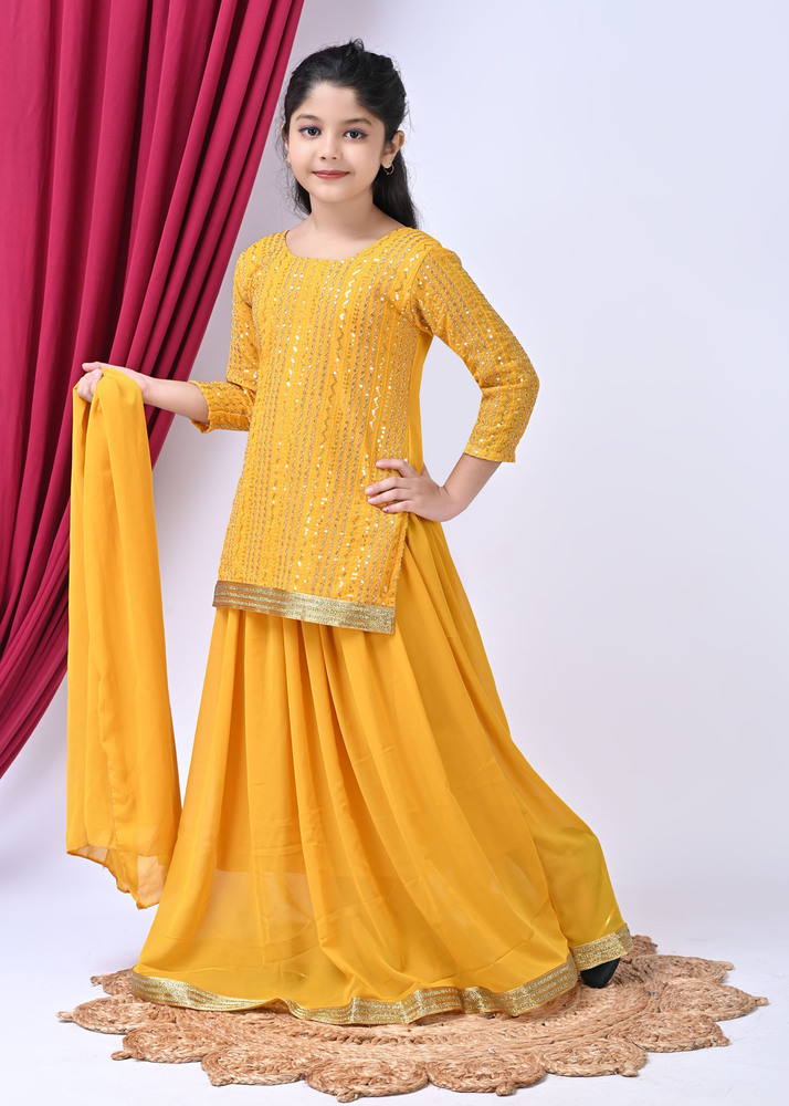 Girls Self Designed Premium Georgette Yellow Ethnic Clothing Set