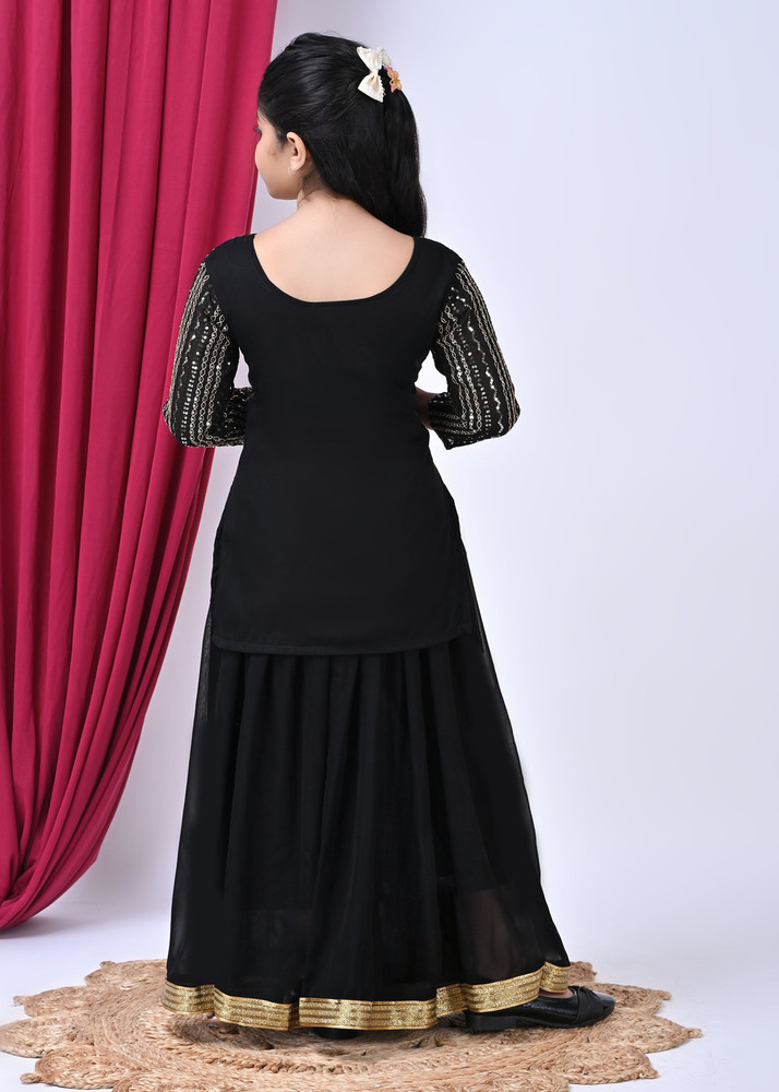 Girls Self Designed Premium Georgette Black Ethnic Clothing Set