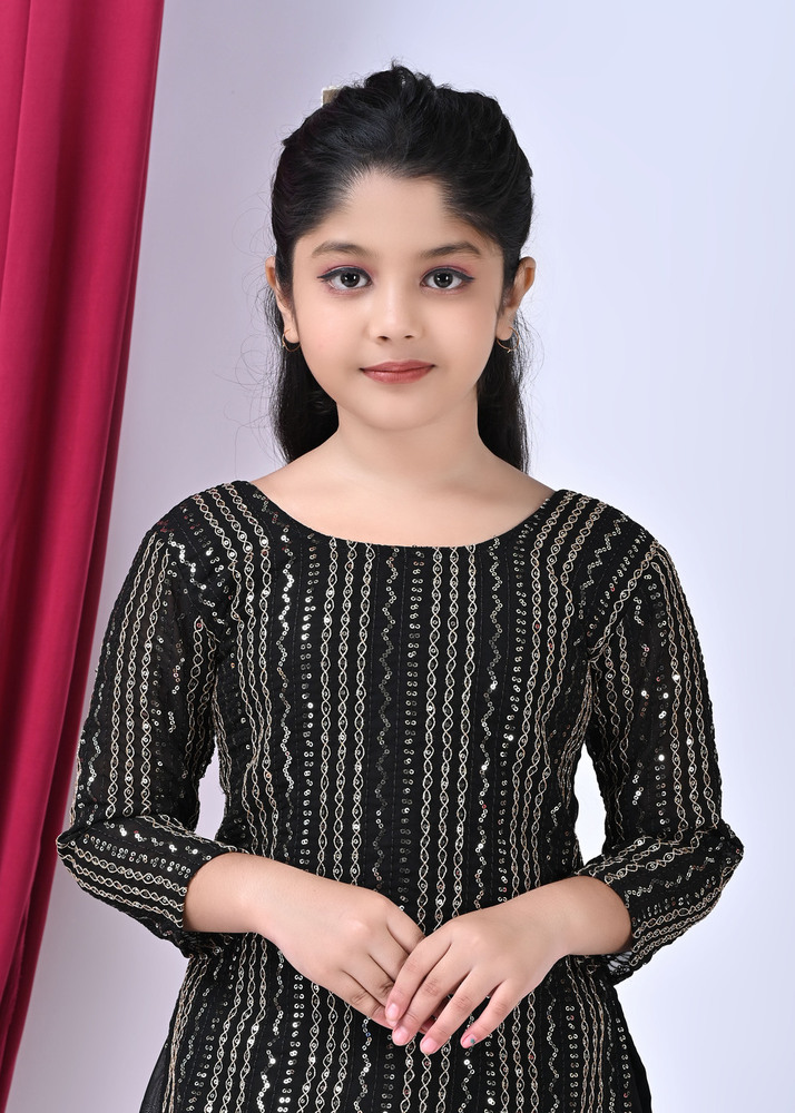 Girls Self Designed Premium Georgette Black Ethnic Clothing Set