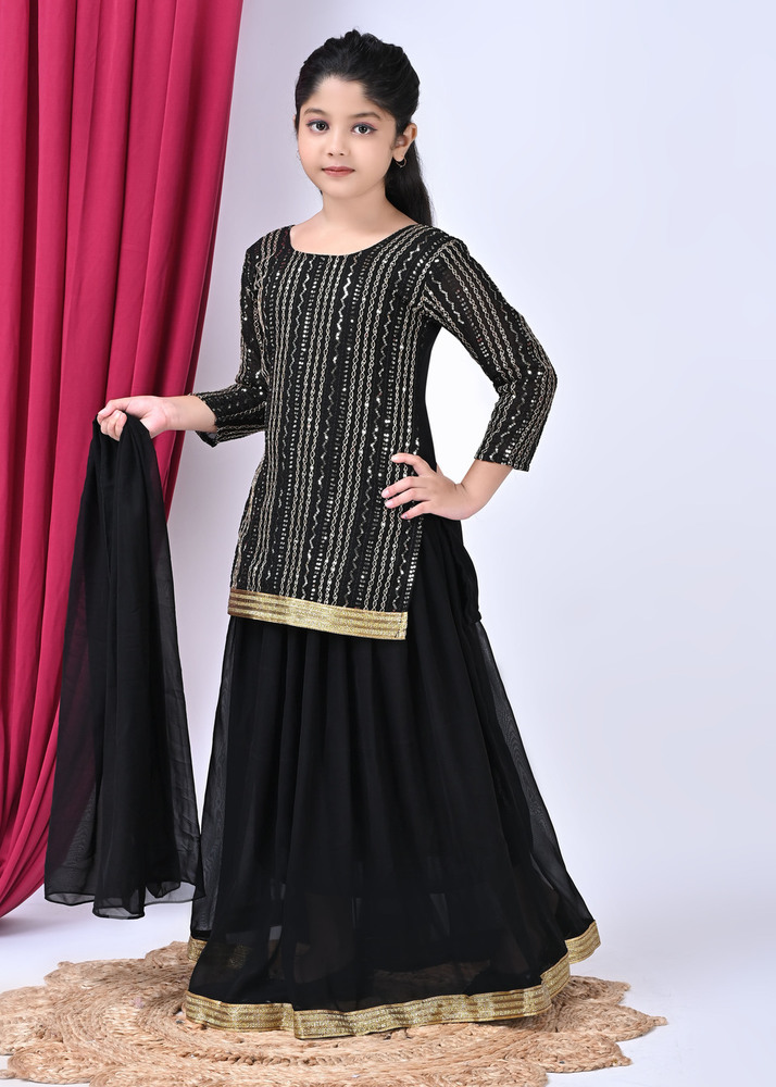 Girls Self Designed Premium Georgette Black Ethnic Clothing Set