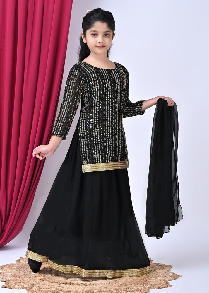 Girls Self Designed Premium Georgette Black Ethnic Clothing Set