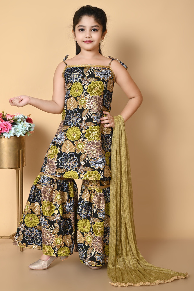 Kids Girls Premium Green Cotton Kurta Set