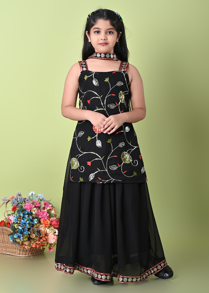 Girls Self Designed Premium Georgette Black Ethnic Clothing Set