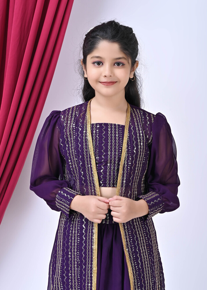 Girls Self Designed Premium Purple Georgette Jacket Clothing Set - Color: Different Available