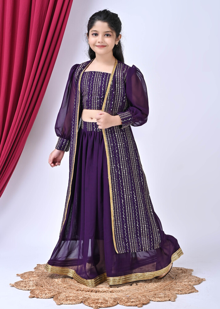 Girls Self Designed Premium Purple Georgette Jacket Clothing Set - Color: Different Available