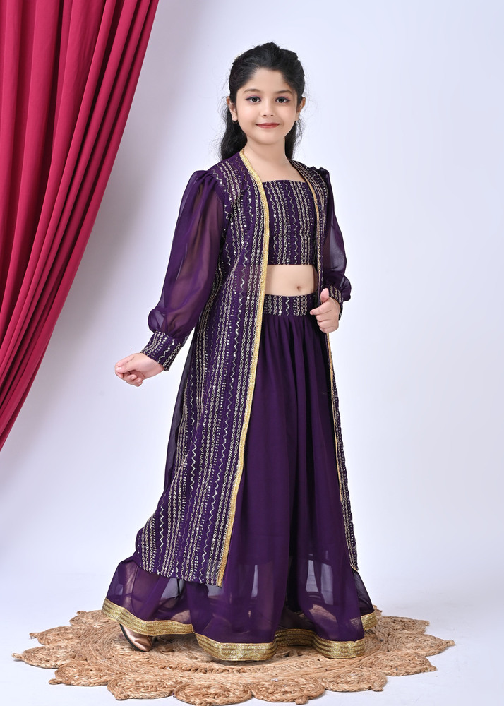 Girls Self Designed Premium Purple Georgette Jacket Clothing Set