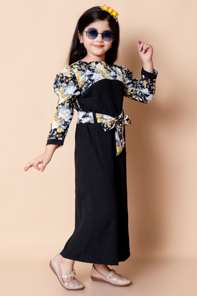 Girls Self Designed Premium Cotton Jumpsuit Yellow Dress