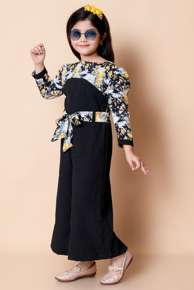 Girls Self Designed Premium Cotton Jumpsuit Yellow Dress