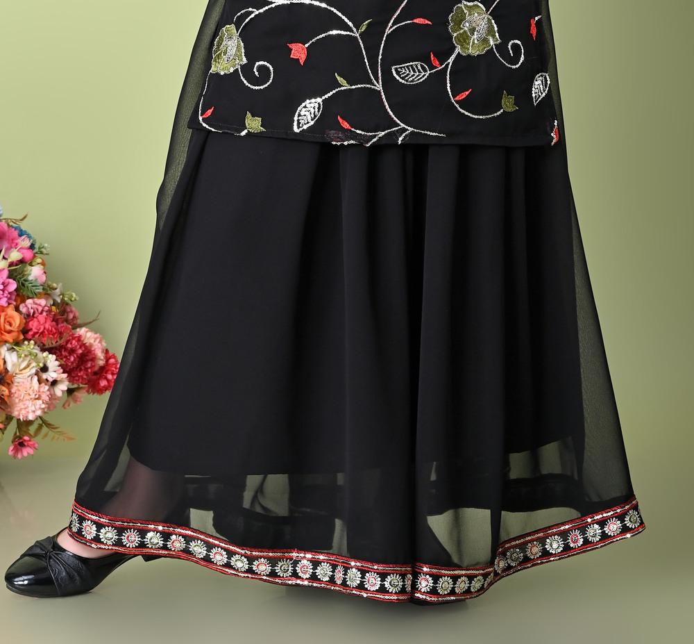 Girls Self Designed Premium Georgette Black Ethnic Clothing Set