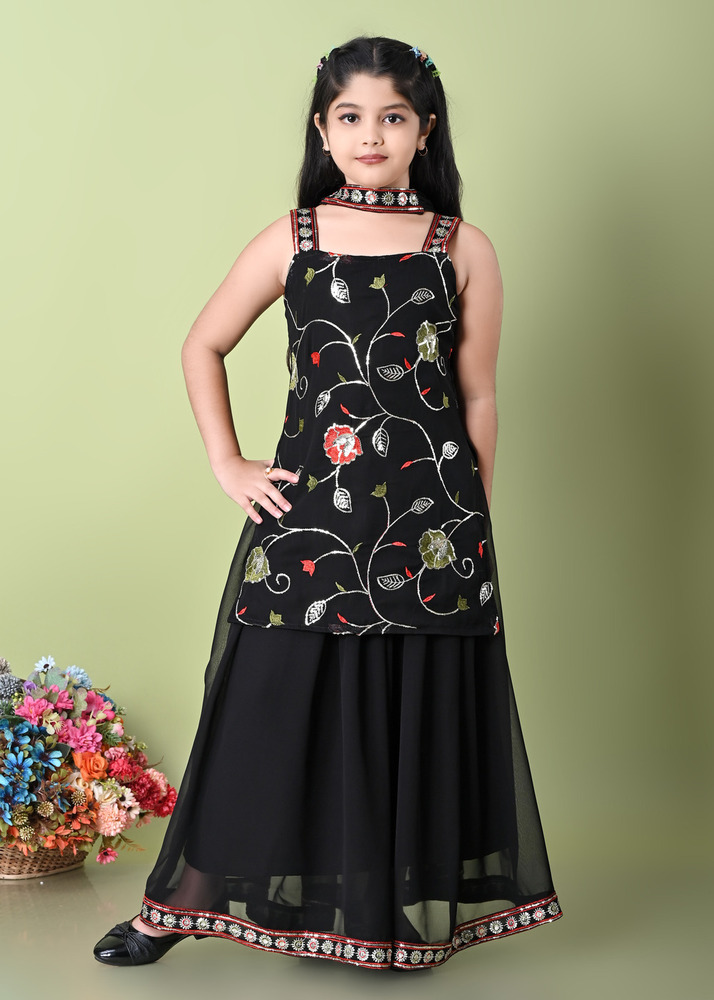 Girls Self Designed Premium Georgette Black Ethnic Clothing Set