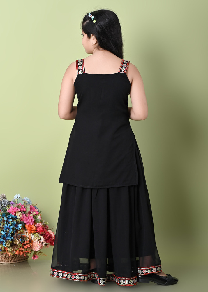 Girls Self Designed Premium Georgette Black Ethnic Clothing Set