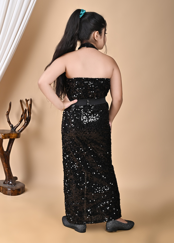 Girls Premium Sequin Long Bodycon Black Dress