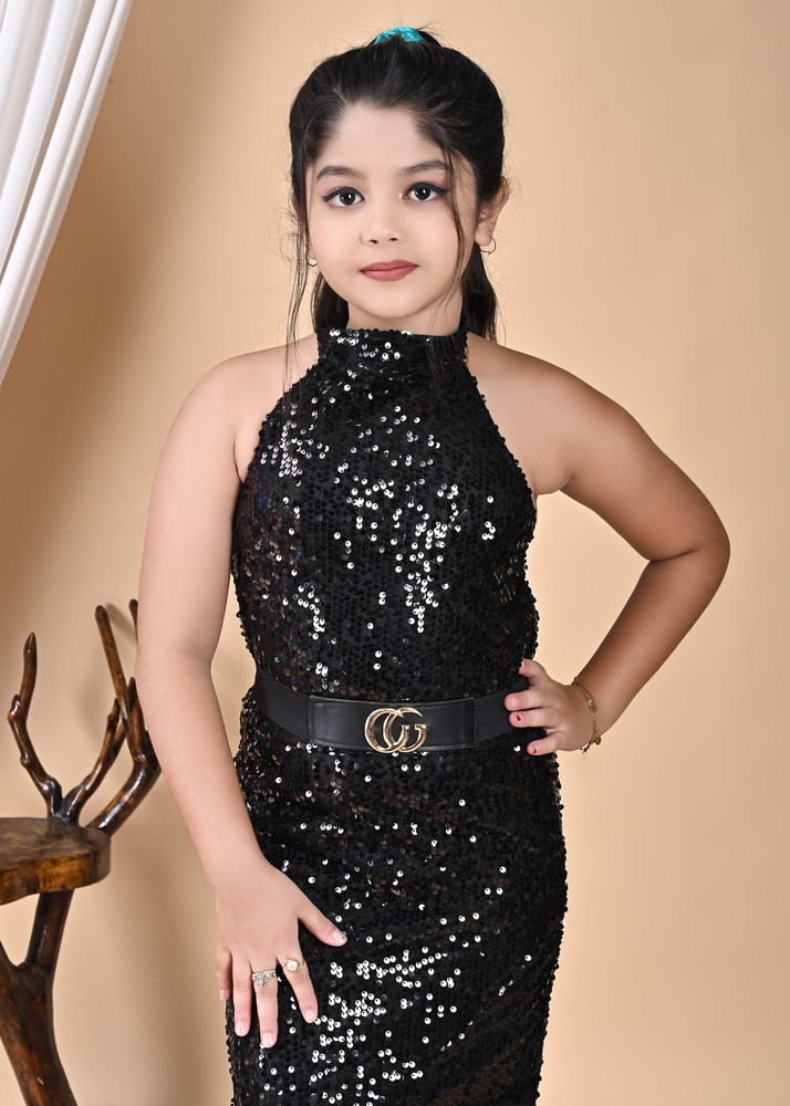 Girls Premium Sequin Long Bodycon Black Dress