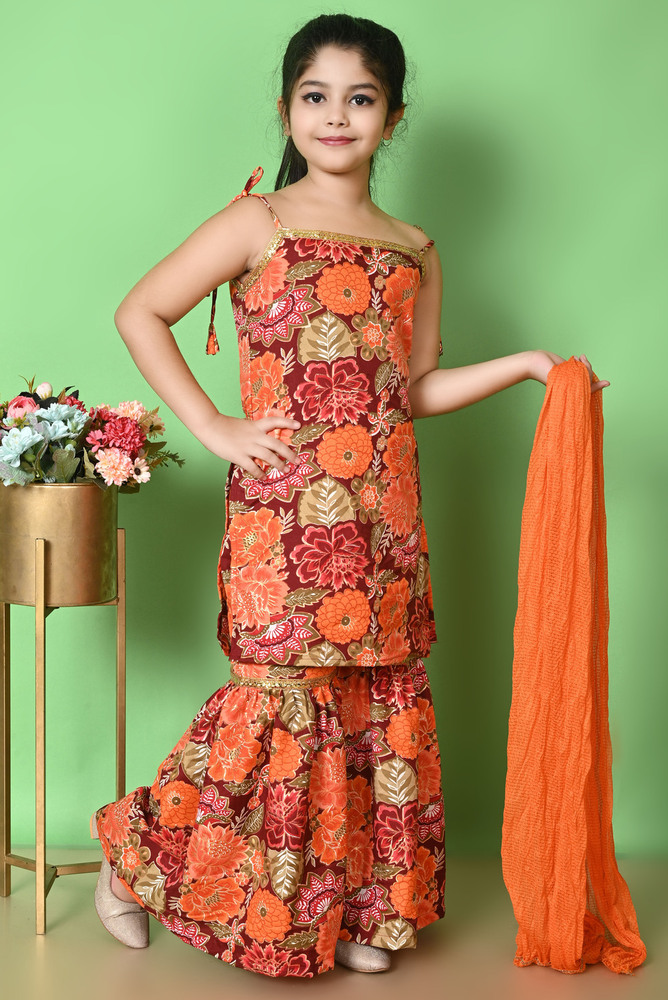 Girls Self Designed Premium Orange Cotton Kurta Set - Color: Different Available