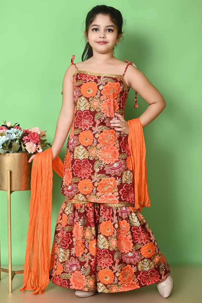 Girls Self Designed Premium Orange Cotton Kurta Set