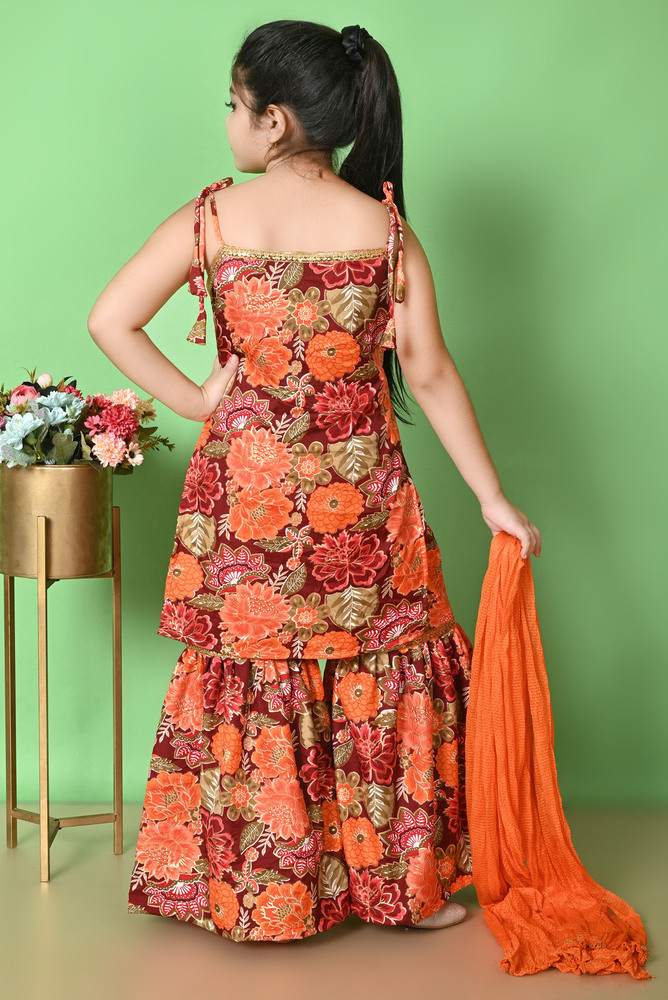 Girls Self Designed Premium Orange Cotton Kurta Set - Color: Different Available