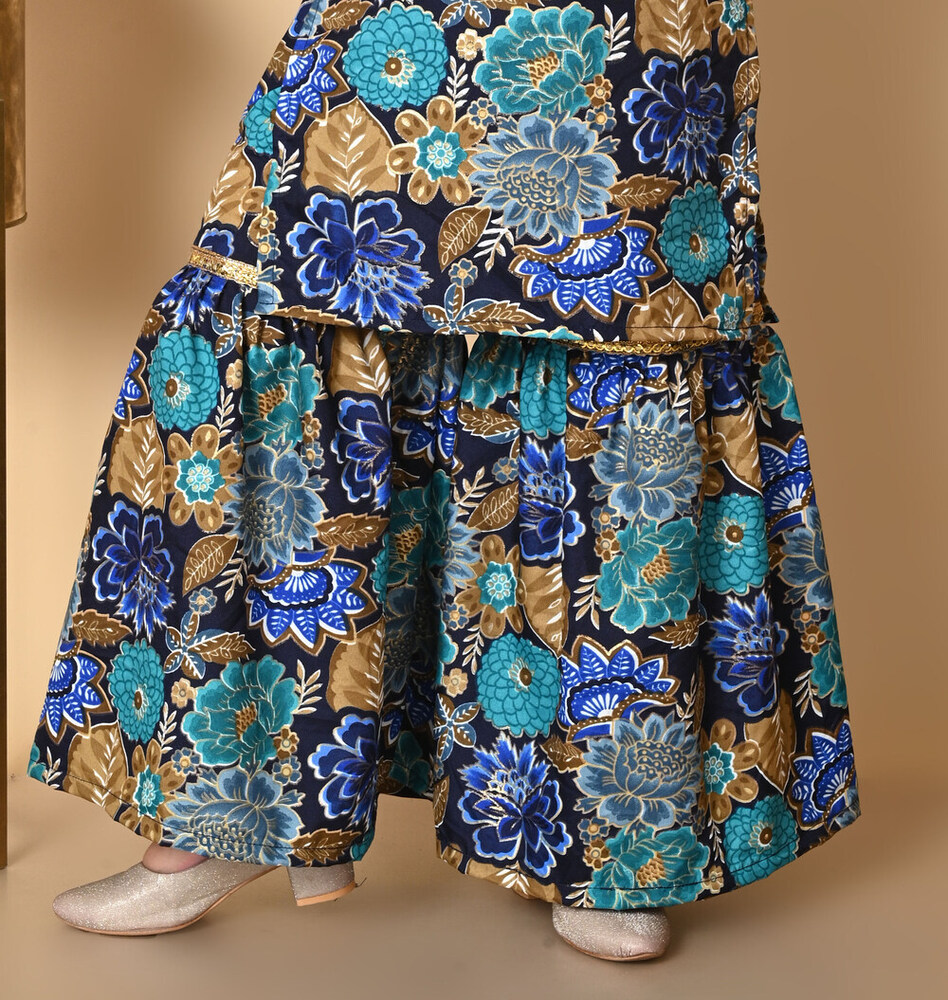 Girls Self Designed Premium Blue Cotton Kurta Set