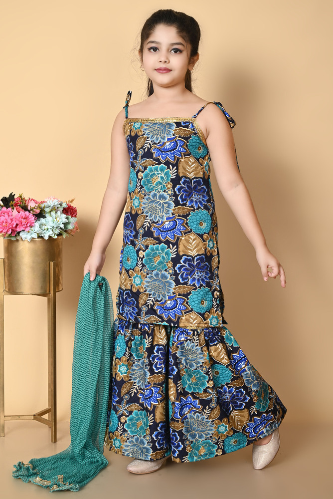 Girls Self Designed Premium Blue Cotton Kurta Set