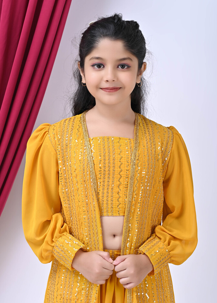 Girls Self Designed Premium Yellow Georgette Jacket Clothing Set