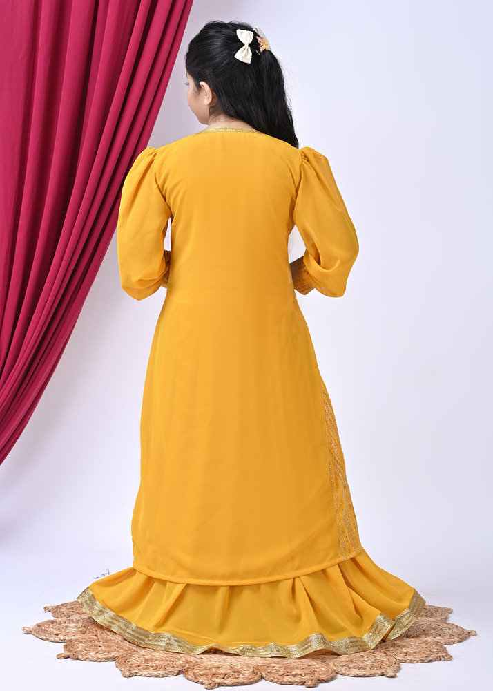 Girls Self Designed Premium Yellow Georgette Jacket Clothing Set