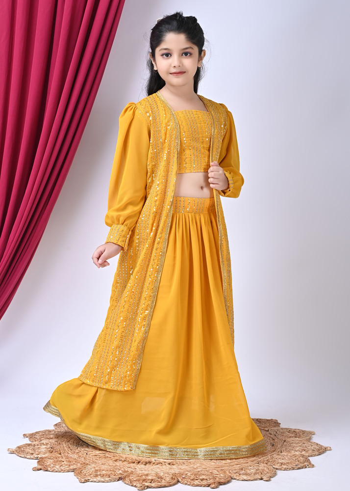 Girls Self Designed Premium Yellow Georgette Jacket Clothing Set