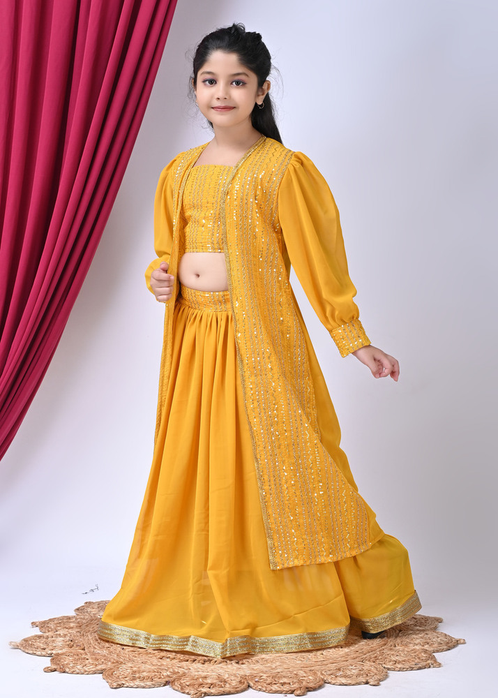 Girls Self Designed Premium Yellow Georgette Jacket Clothing Set