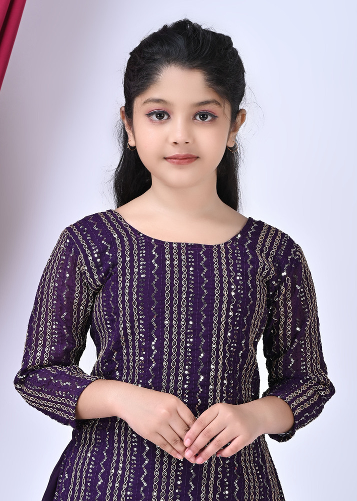 Girls Self Designed Premium Georgette Purple Ethnic Clothing Set