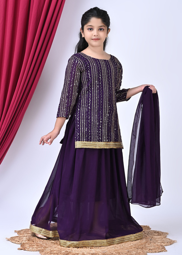 Girls Self Designed Premium Georgette Purple Ethnic Clothing Set